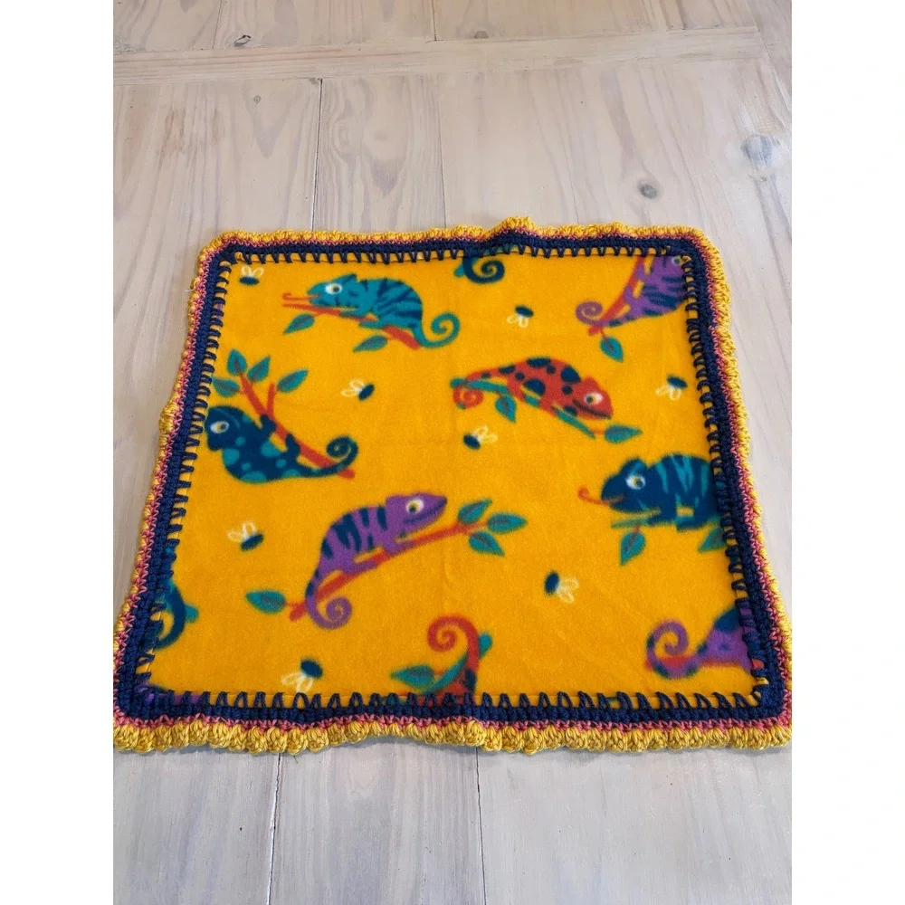Handmade Chameleon Fleece Baby Blanket Yellow Crochet Trim 21x21 Small Security‎